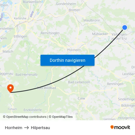 Horrheim to Hilpertsau map