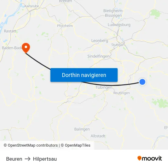 Beuren to Hilpertsau map