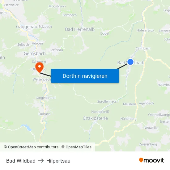 Bad Wildbad to Hilpertsau map