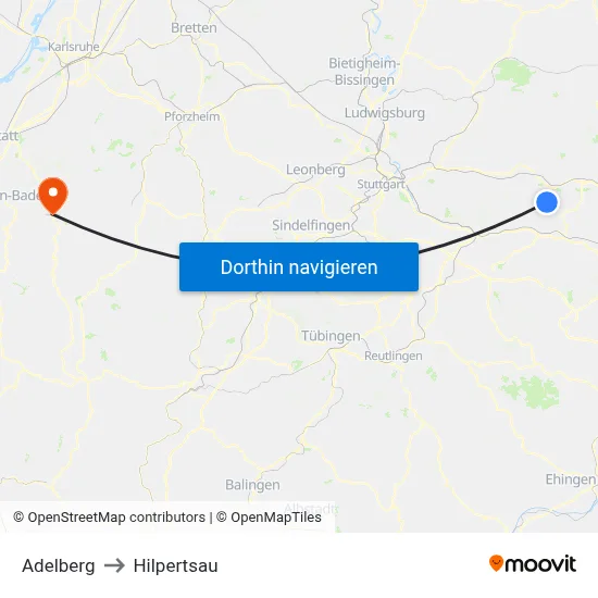 Adelberg to Hilpertsau map