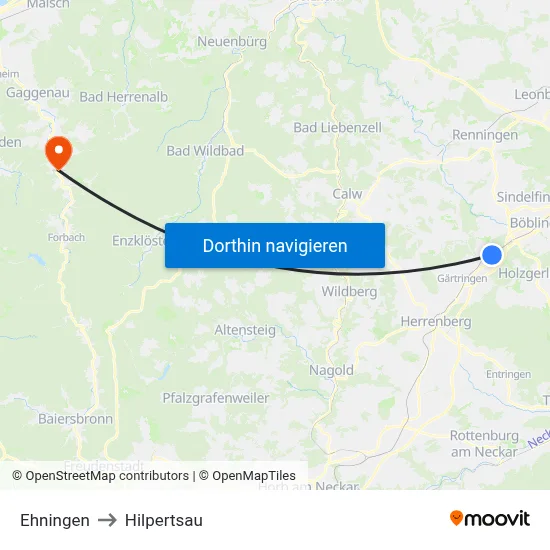 Ehningen to Hilpertsau map