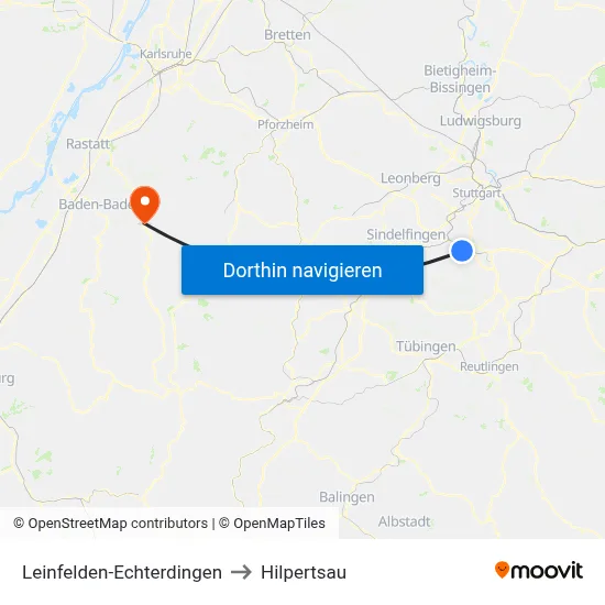 Leinfelden-Echterdingen to Hilpertsau map