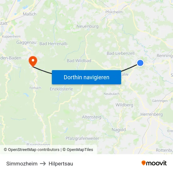Simmozheim to Hilpertsau map