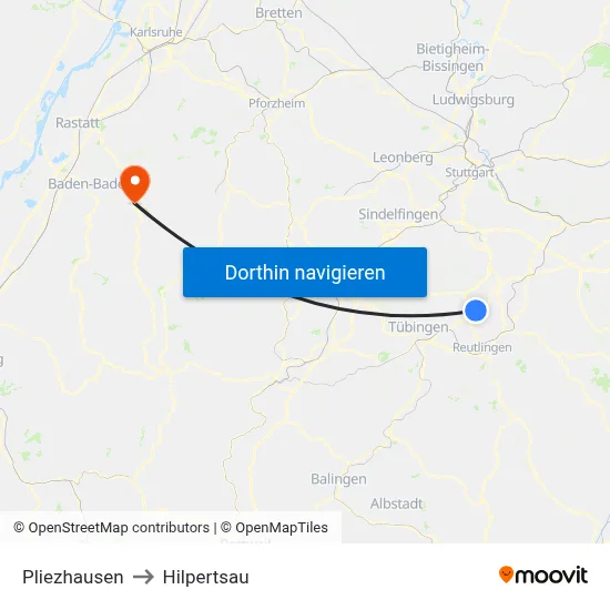 Pliezhausen to Hilpertsau map