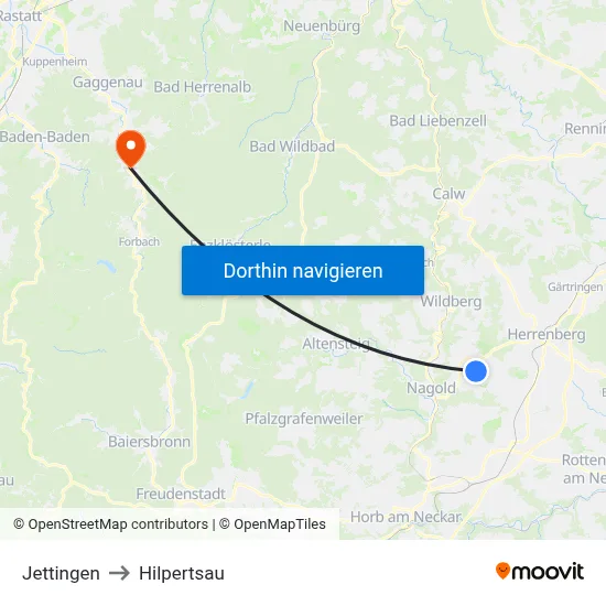 Jettingen to Hilpertsau map