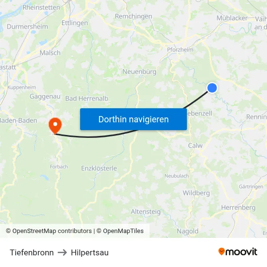 Tiefenbronn to Hilpertsau map