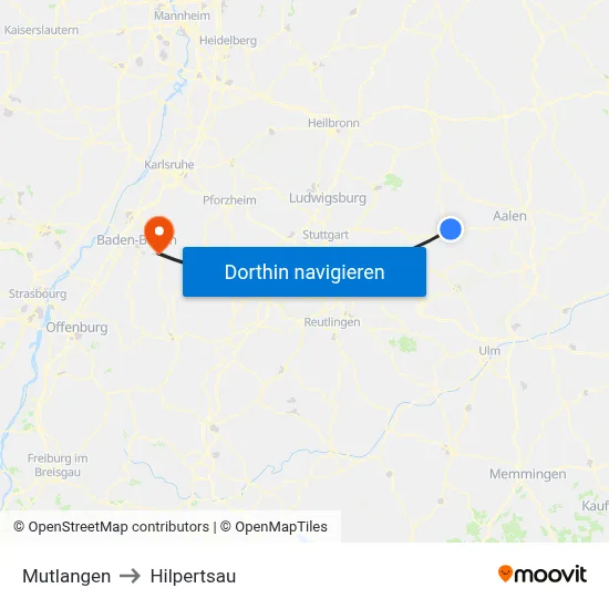 Mutlangen to Hilpertsau map