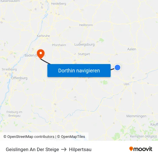 Geislingen An Der Steige to Hilpertsau map