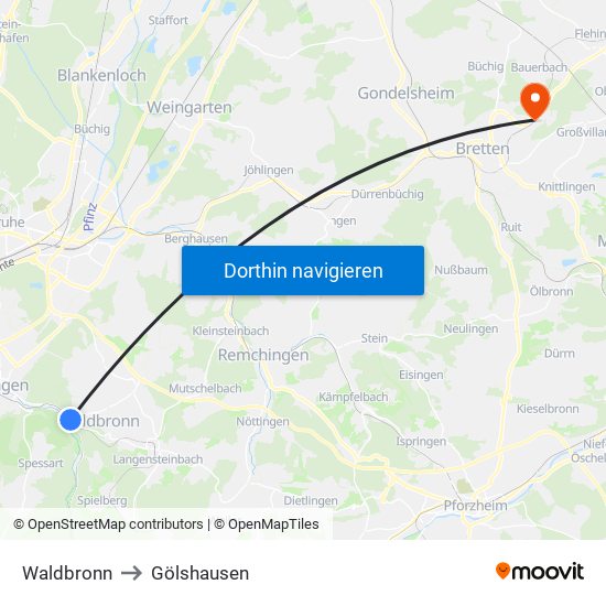 Waldbronn to Gölshausen map