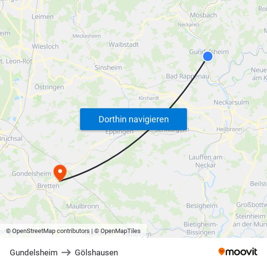 Gundelsheim to Gölshausen map