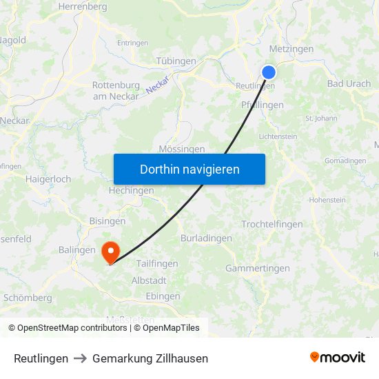 Reutlingen to Gemarkung Zillhausen map