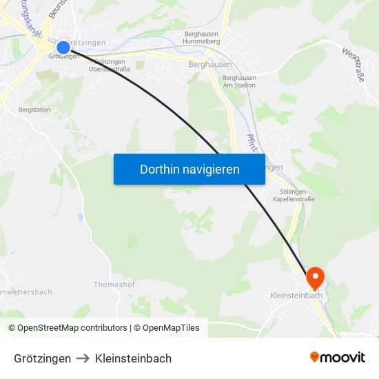 Grötzingen to Kleinsteinbach map
