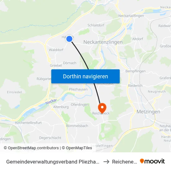 Gemeindeverwaltungsverband Pliezhausen to Reicheneck map