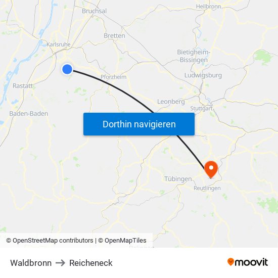 Waldbronn to Reicheneck map
