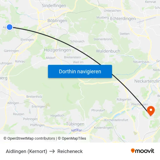 Aidlingen (Kernort) to Reicheneck map