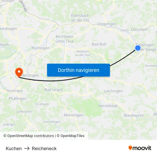 Kuchen to Reicheneck map