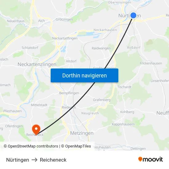Nürtingen to Reicheneck map