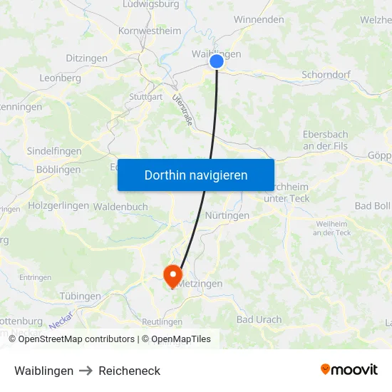 Waiblingen to Reicheneck map