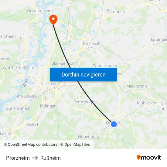 Pforzheim to Rußheim map