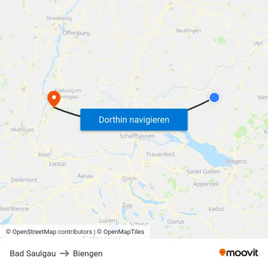 Bad Saulgau to Biengen map