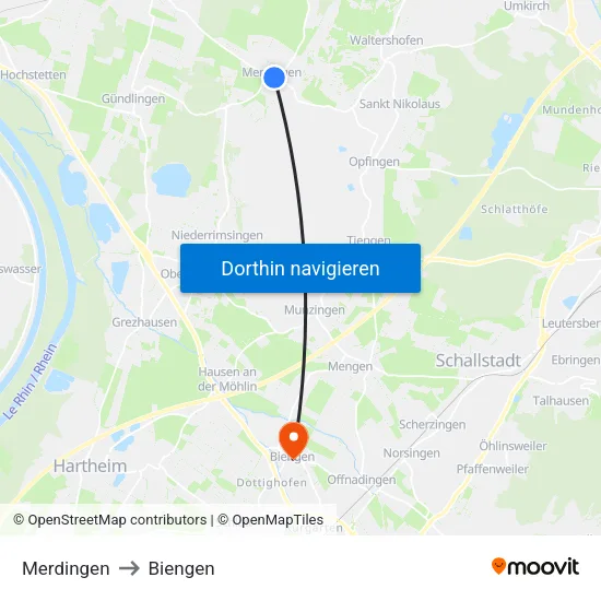 Merdingen to Biengen map