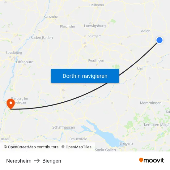 Neresheim to Biengen map