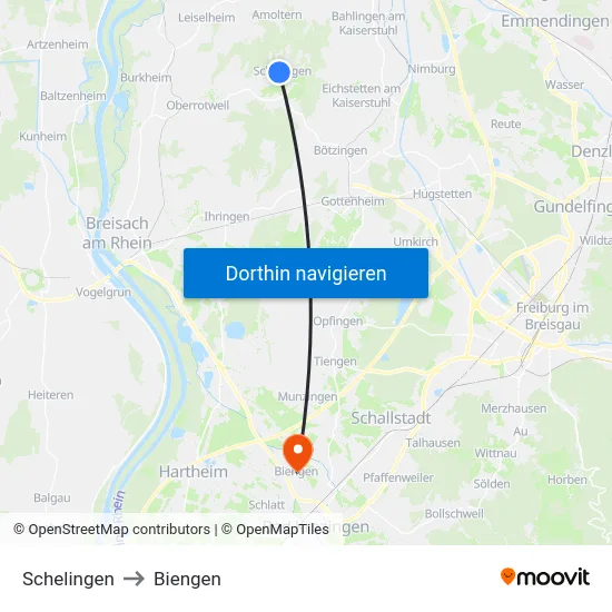 Schelingen to Biengen map