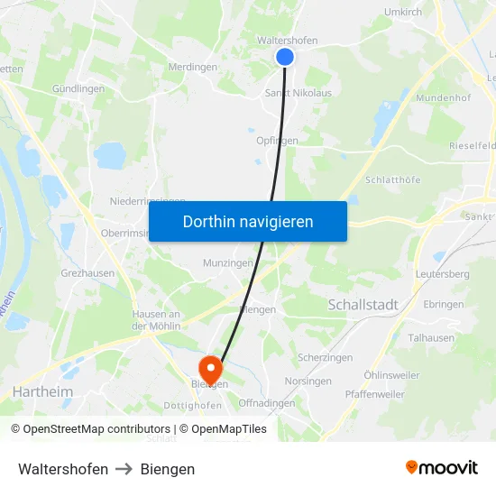 Waltershofen to Biengen map