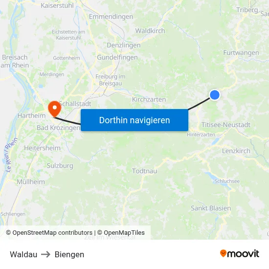 Waldau to Biengen map