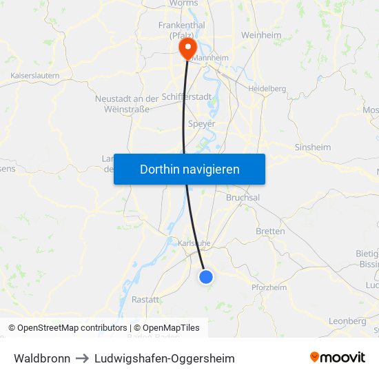 Waldbronn to Ludwigshafen-Oggersheim map