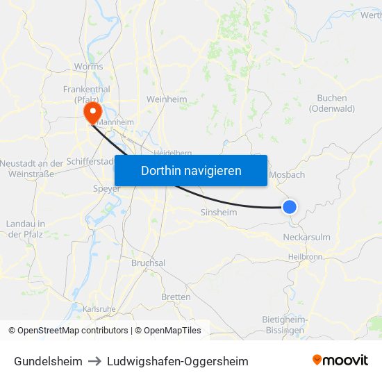 Gundelsheim to Ludwigshafen-Oggersheim map