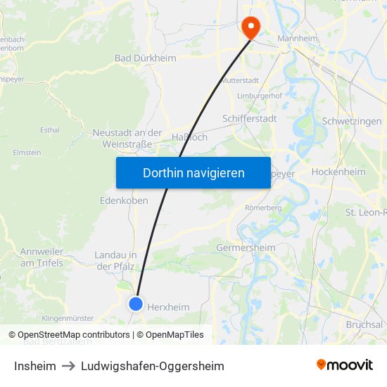Insheim to Ludwigshafen-Oggersheim map