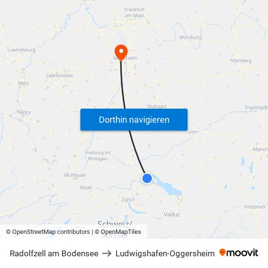 Radolfzell am Bodensee to Ludwigshafen-Oggersheim map