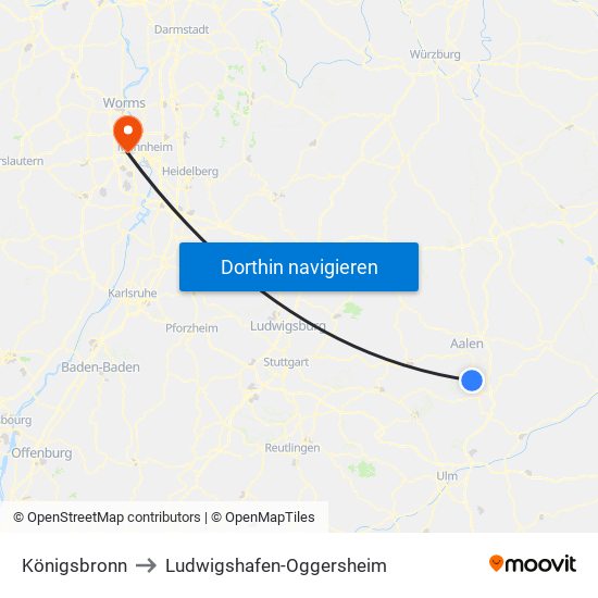 Königsbronn to Ludwigshafen-Oggersheim map