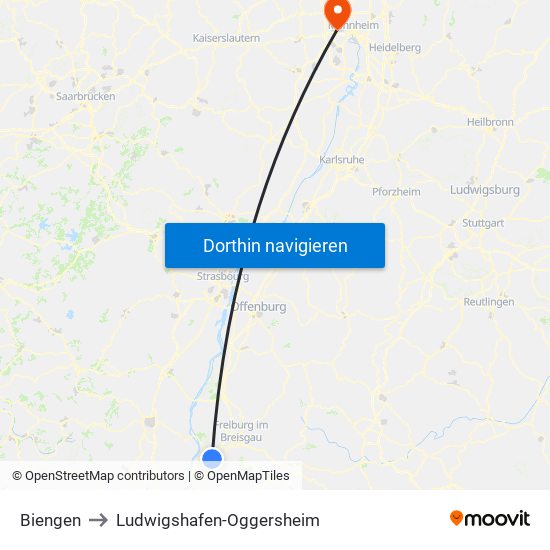 Biengen to Ludwigshafen-Oggersheim map