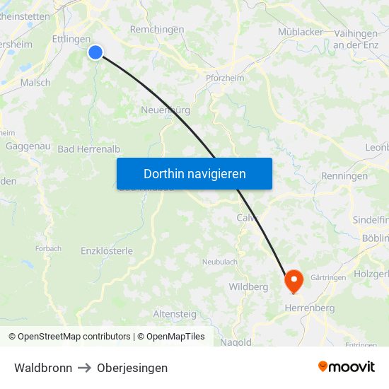 Waldbronn to Oberjesingen map