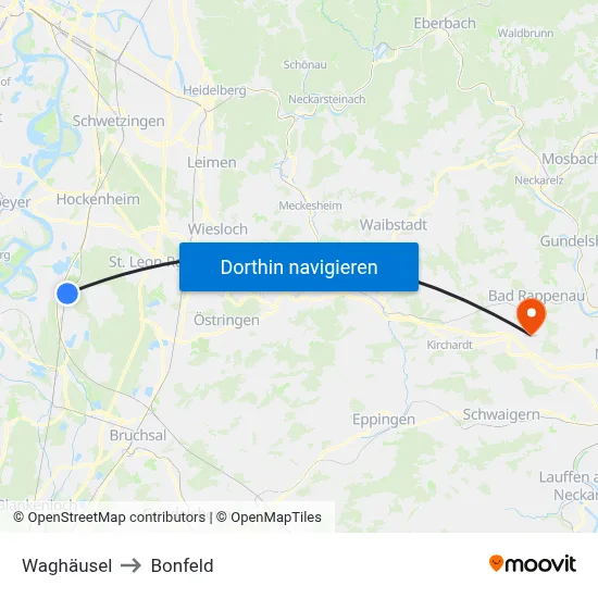 Waghäusel to Bonfeld map