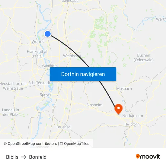 Biblis to Bonfeld map
