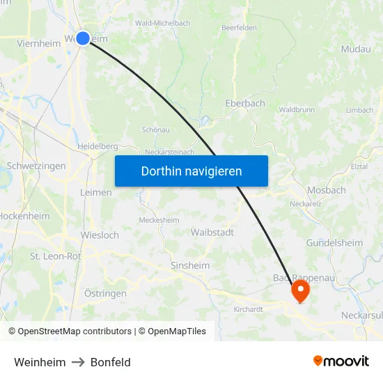 Weinheim to Bonfeld map