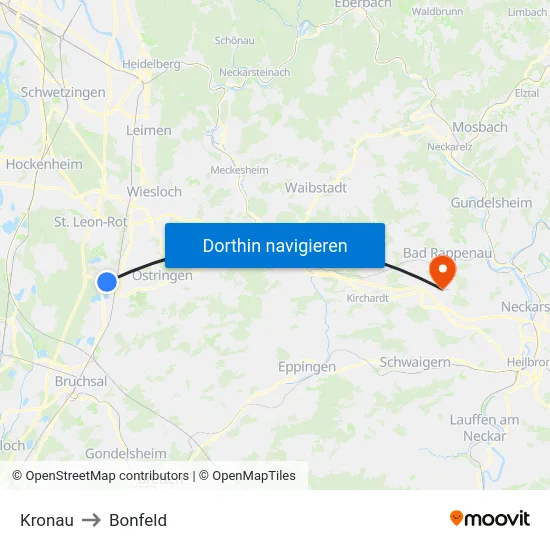 Kronau to Bonfeld map