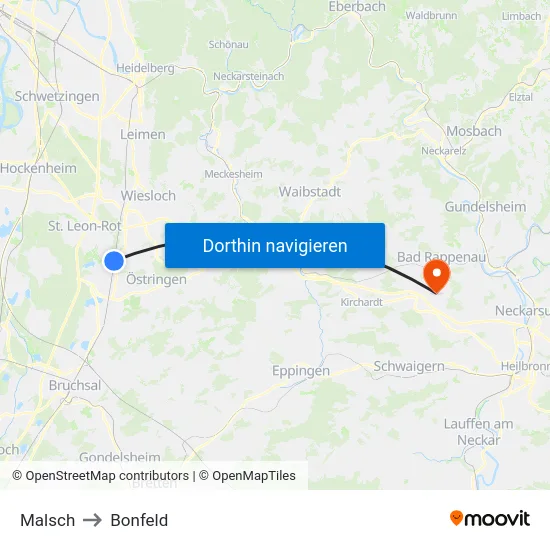 Malsch to Bonfeld map