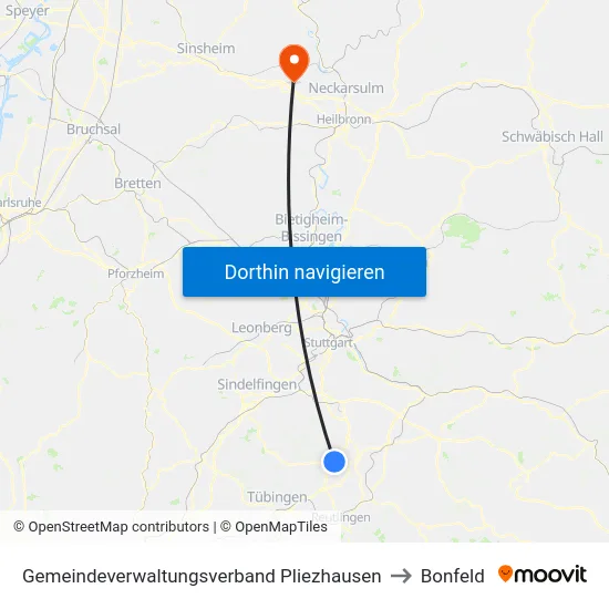 Gemeindeverwaltungsverband Pliezhausen to Bonfeld map