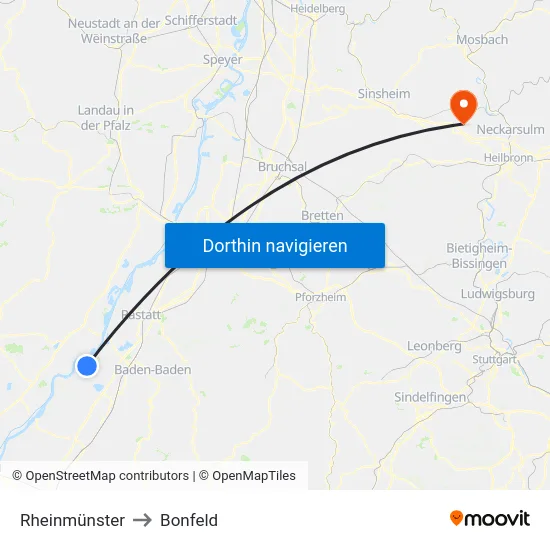 Rheinmünster to Bonfeld map