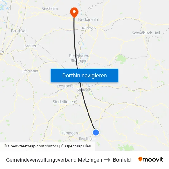 Gemeindeverwaltungsverband Metzingen to Bonfeld map