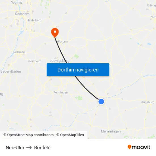 Neu-Ulm to Bonfeld map