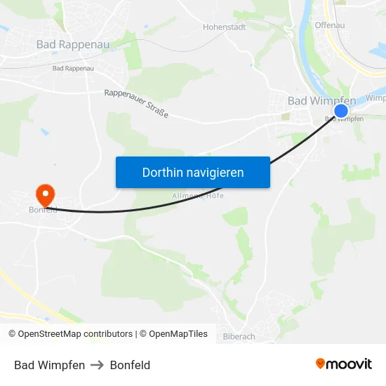 Bad Wimpfen to Bonfeld map