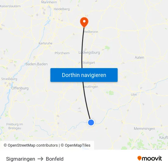 Sigmaringen to Bonfeld map