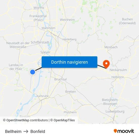 Bellheim to Bonfeld map