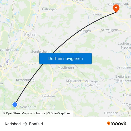 Karlsbad to Bonfeld map