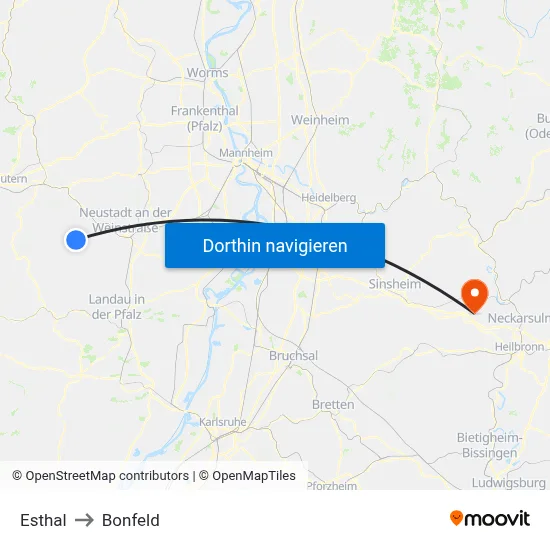 Esthal to Bonfeld map